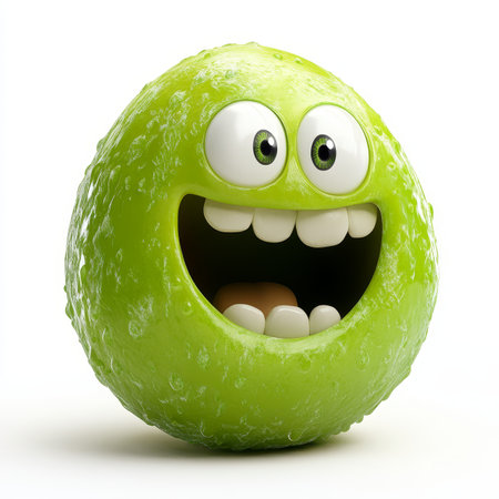 Adorable 3D Render of a Cartoon Creature with Big Toothy Smile and Vibrant Green Skin Isolatedの素材