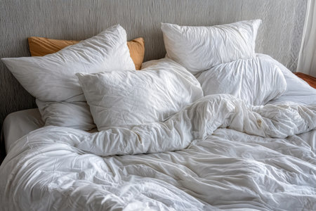 Cozy and Relaxed Bedroom Scene with Crumpled White Bedding, Inviting Atmosphere and Comfortの素材
