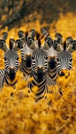 A Harmonious Herd of Zebras Standing United in a Golden Field Underneath a Clear Blue Skyの素材