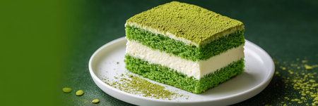 Square Slice of Matcha Cake with Cream Cheese Frosting and Matcha Powderon White Plateの素材