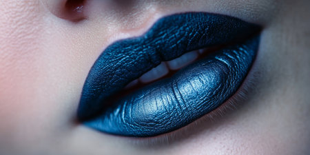 Close Up Of A Female Mouth With Shiny Metallic Dark Blue Lipstick, Beauty And Cosmeticsの素材