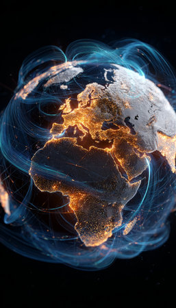 Abstract Globe Artwork with Vibrant Light Trails and Arrows on Dark Background, Creative Designの素材