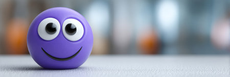 Cheerful 3D Emoji with Googly Eyes and Joyful Smile Surrounded by Colorful Vibrations and Shapesの素材