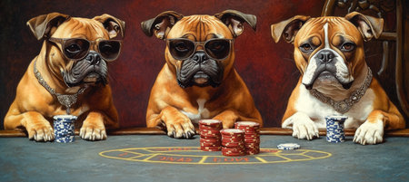 Three Elegant Dogs Playing Poker at a Casino Table, Wearing Sunglasses and Jewelry, Funny Sceneの素材