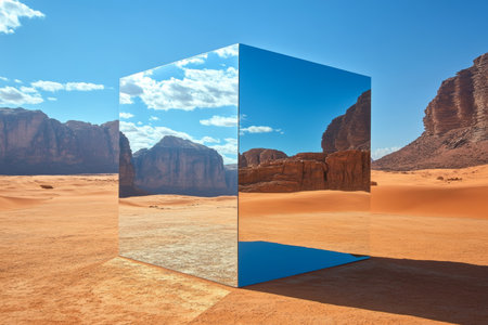 Mirror Cube Installation Reflects Arabian Desert Landscape, Blending Seamlessly into Nature s Beautyの素材