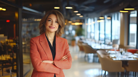 Confident Middle Aged Business Woman with Crossed Arms Smiling in Modern Coworking Space Interiorの素材