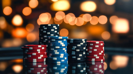 Vibrant Stacks of Colorful Poker Chips in a Casino with Beautiful Bokeh Lights Creating Luxuryの素材