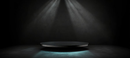 Abstract Black Podium Stage in Spotlight Featuring Geometrical Design and Minimalist Dark Backgroundの素材
