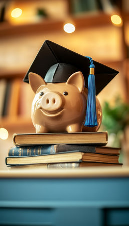 Piggy Bank with Graduation Cap on Books Symbolizing Academic Financial Planning and Savingsの素材