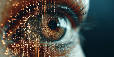 Close-Up of Human Eye with Digital Interface Overlay, Showcasing Cyberpunk Aestheticsの素材