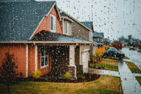 Rainy Season in Suburban Residential Area House Facade Captured During Intense Downpour Eventの素材