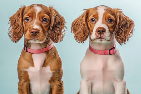 Charming Duo of Affectionate Cocker Spaniel Puppies with Innocent Eyes on Soft Blue Backgroundの素材
