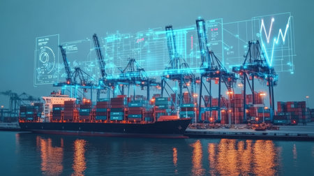 Modern Seaport with Cargo Cranes, Shipping Containers, and Logistics Data Analysis Systemsの素材