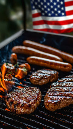 Delicious Grilled Steaks and Sausages on a Summer Barbecue with American Flag in the Backgroundの素材