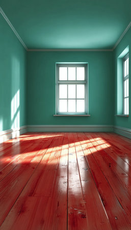 Minimalist Home Interior with Aquamarine Walls, Wooden Floors, and Bright Sunny Windowsの素材