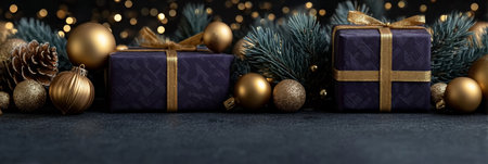 Purple and Gold Christmas Gift Boxes With Evergreen Branches and Holiday Decorations Festive Bannerの素材