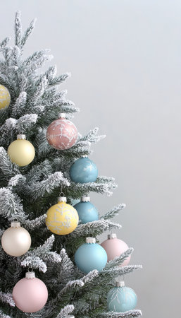 Frosted Christmas Tree Decorated with Pastel Ornaments, Festive Holiday Decoration with Copy Spaceの素材