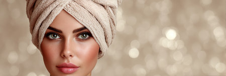Portrait Of Beautiful Woman With Towel Wrapped Around Her Head. Beauty Treatment, Skin Care Concept.の素材
