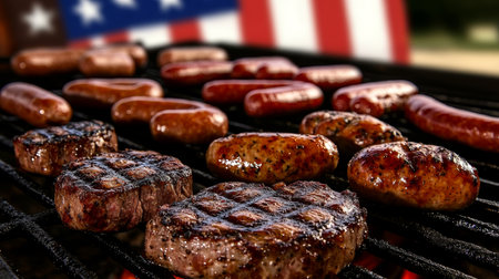 Delicious Barbecue Feast Featuring Grilled Beef Steaks and Sausages Celebrating American Traditionsの素材