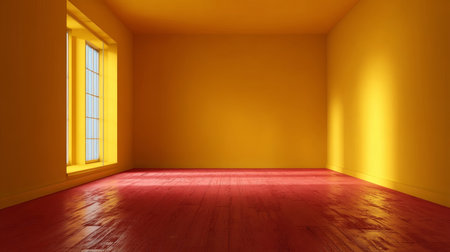 Minimalist Yellow Room With Red Wooden Floor And Sunlight From a Window, 3D Rendering.の素材