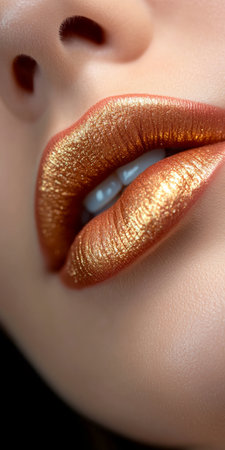 Close-Up Woman s Full Lips with Metallic Gold Lipstick, Beauty and Cosmetics Conceptの素材