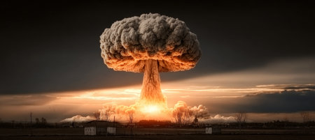Dramatic Mushroom Cloud Rising Against the Sky, Symbolizing Destruction and Chaos of War Eventsの素材