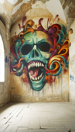 Haunting Skull Mural on Historic Building, Captivating Urban Art with Vibrant Colors and Depthの素材