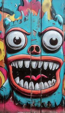 Vivid Graffiti Monster Mural A Dark Fantasy Scene with Creepy Characters and Urban Artistryの素材