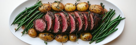 Succulent Roasted Beef Tenderloin Slices Served with Garlic Mashed Potatoes and Fresh Green Beansの素材