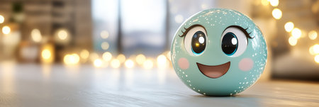 Charming 3D Teal and White Emoji Mascot on Floor, Bright Colorful Background with Smiling Faceの素材