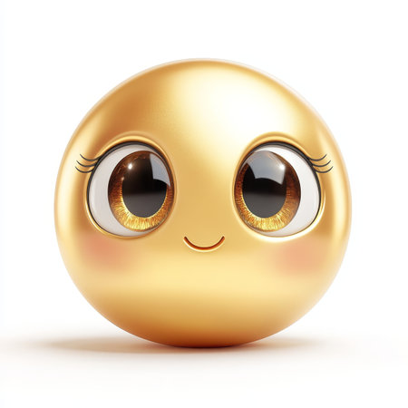 Charming 3D Render of a Delightful, Expressive Golden Smiley with Large Eyes and Joyful Radianceの素材