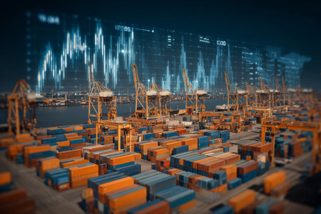 Aerial View of a Modern Seaport with Data Graphs and Communication Networks Overlaying Logisticsの素材