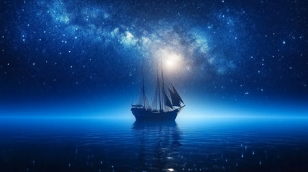 Majestic Sailboat Glides Through Midnight Waters, Illuminated by Stars in a Serene Dreamscapeの素材