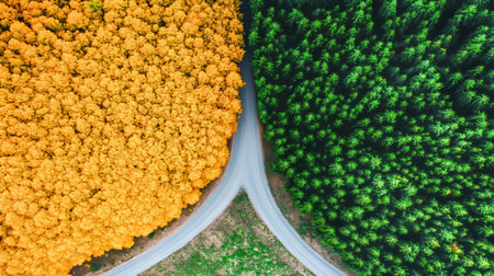 Stunning Aerial View of Two Worlds Forest with Curved Road, Showcasing Seasonal Color Contrastの素材