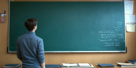 Young tutor standing by a school chalkboard, preparing for an engaging and informative class.の素材