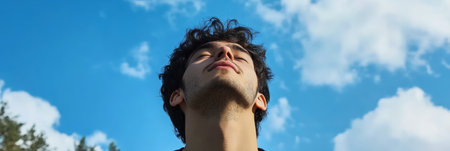 Young Man Enjoying a Refreshing Breeze Under Blue Skies Surrounded by Serene Nature and Treesの素材