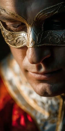 Intriguing Closeup Displaying Masked Character at Carnival or Ball, Adding Mystique and Mysteryの素材
