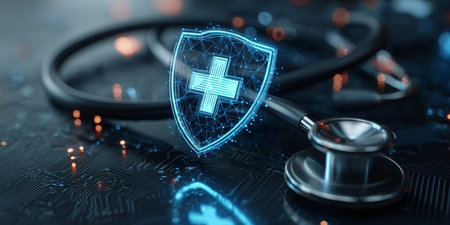 Futuristic Healthcare Network Shield Featuring Innovative Telehealth and Secure Patient Data Accessの素材