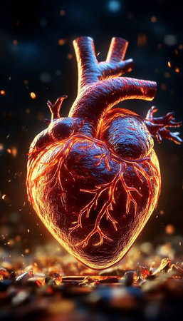 Detailed Medical Illustration of a Fiery Heart Anatomy Featuring Veins and Arteries on Dark Backdropの素材