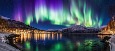 Breathtaking Northern Lights Illuminating Serene Lake with City Reflections and Majestic Mountainsの素材