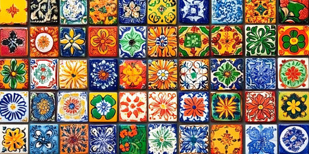 Intricately Designed Vintage Ceramic Mexican Tiles, Colorful Mosaic Patterns for Decorative Wallsの素材