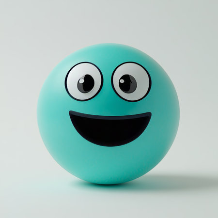 Cute 3D Happy Emoji Ball with Big Eyes, Cheerful Mint Sphere, Isolated on Plain Background, Renderedの素材