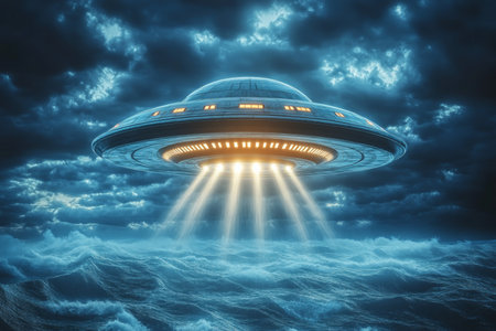 Mysterious Unidentified Flying Object Illuminating the Dark Ocean Horizon at Night with Glowの素材