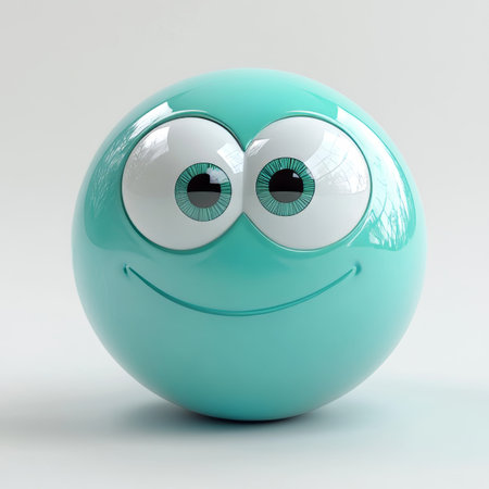 Joyful Whimsical Cyan Sphere Character with Googly Eyes Expressing Happiness on a White Backgroundの素材
