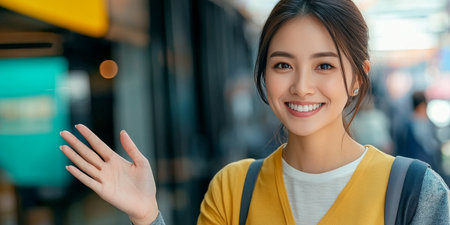 Cheerful young Asian woman with friendly smile, greeting clients outdoors on a sunny day with joyの素材