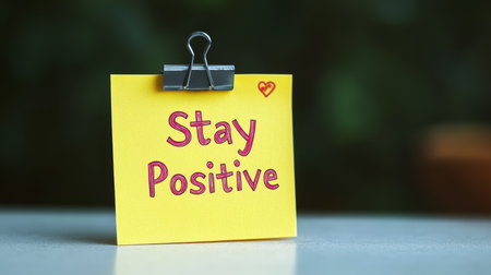 Stay Positive Note. Yellow Sticky Note With A Motivational Quote On White Background.の素材