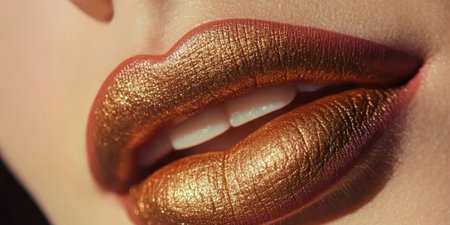 Golden Glimmer A Close-Up of a Woman s Lips Adorned with Metallic Gold Lipstick, Beauty and Fashionの素材