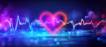 Neon Heartbeat Graphic with Abstract Medical Elements and Electric Health Design Backgroundの素材