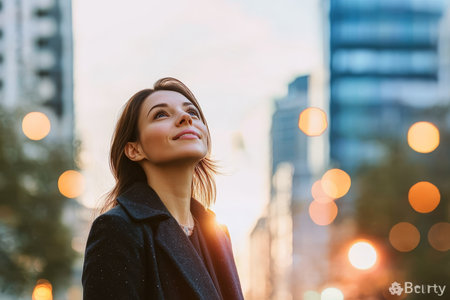 Ambitious European Woman Envisions a Bright Future in Her Urban Career with Dreams of Successの素材