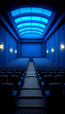 Stunning Blue Cinema Interior with Empty Rows of Seats Under Soft Ambient Lighting for Movie Loversの素材